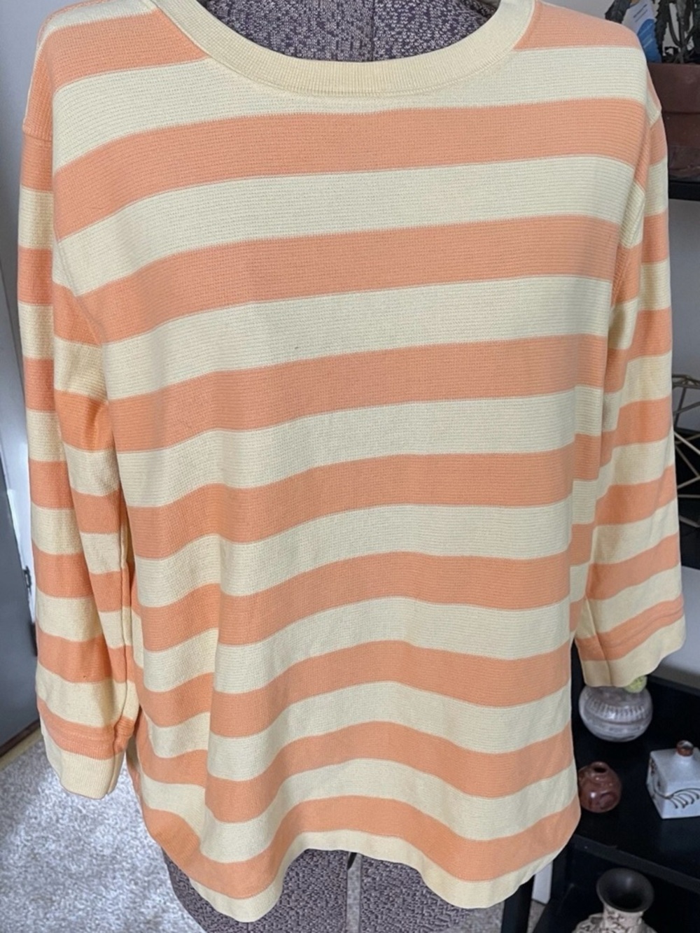 Lands' End Peach and Cream Striped Crewneck Sweater